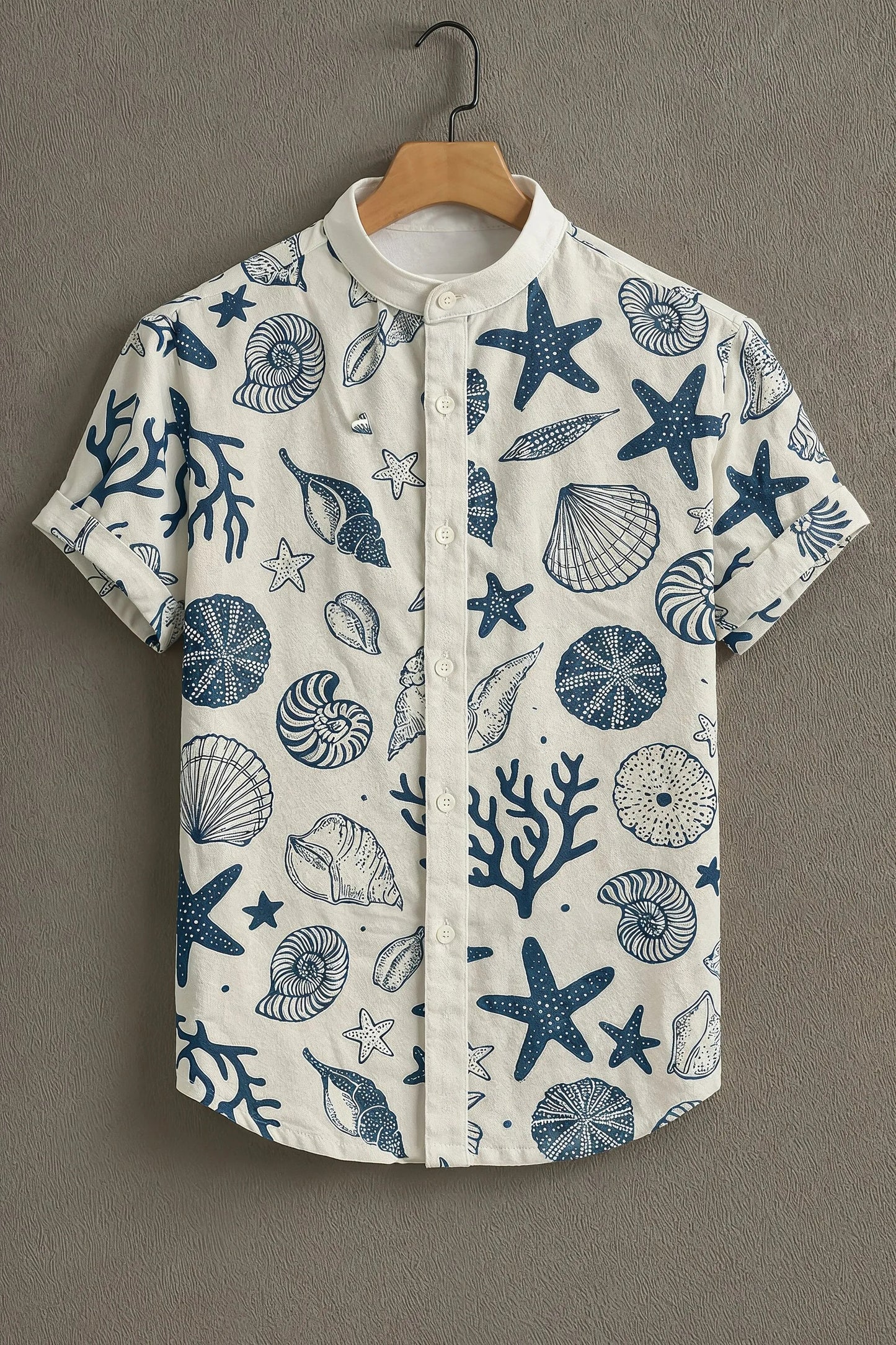 White Ocean Print Mandarin Collar Shirt for Men | Sea Shell & Starfish Casual Shirt