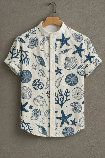 White Ocean Print Mandarin Collar Shirt for Men | Sea Shell & Starfish Casual Shirt