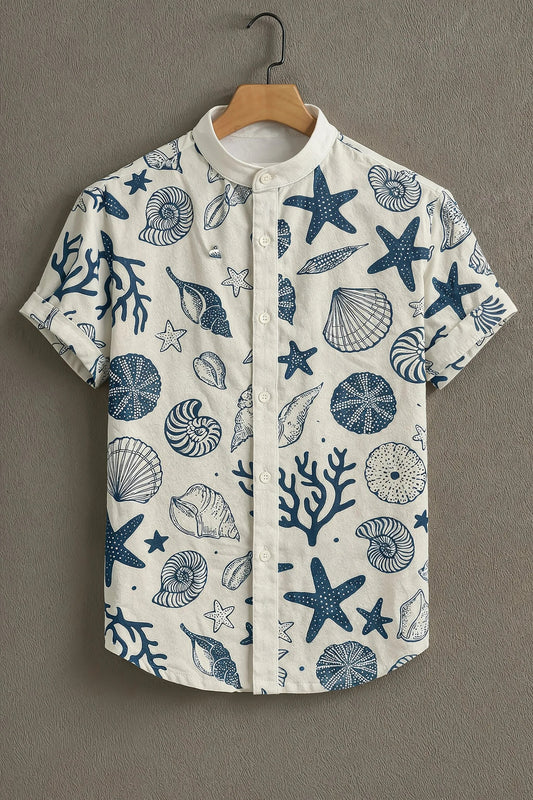 White Ocean Print Mandarin Collar Shirt for Men | Sea Shell & Starfish Casual Shirt