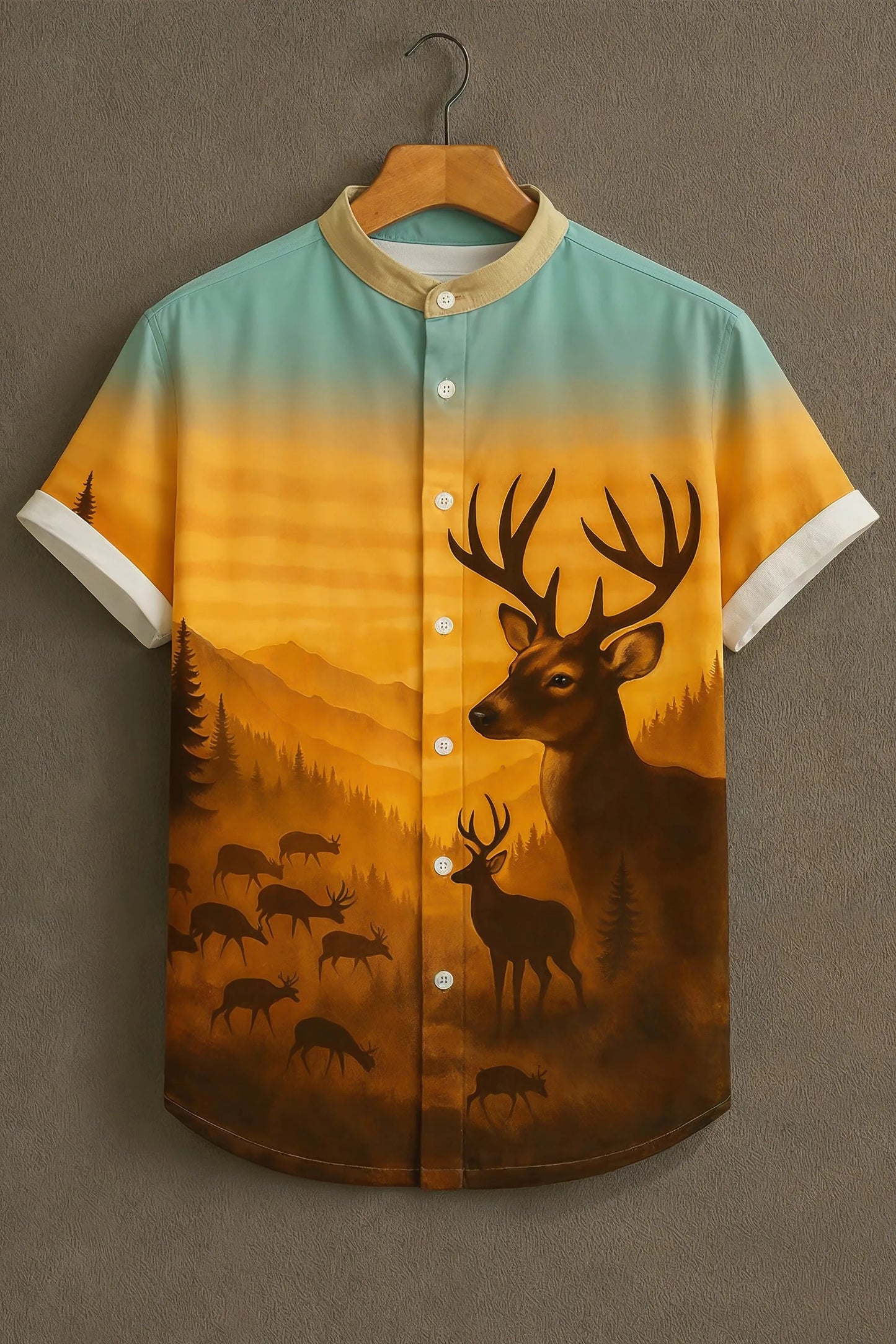 Sunset Deer Landscape Print Mandarin Collar Shirt for Men | Artistic Half Sleeve Casual Shirt