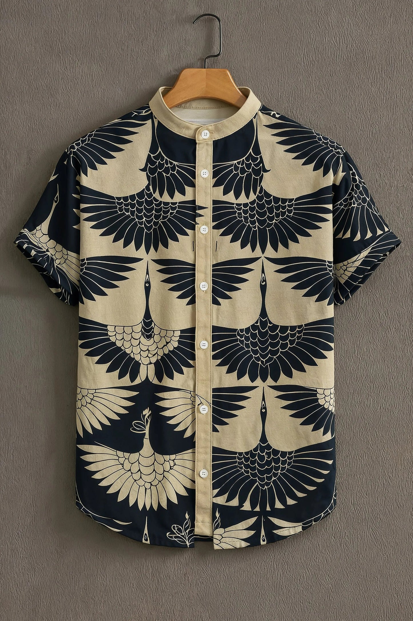 Navy Blue Crane Print Mandarin Collar Shirt for Men | Premium Half Sleeve Casual Shirt