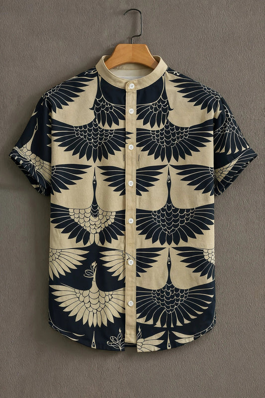 Navy Blue Crane Print Mandarin Collar Shirt for Men | Premium Half Sleeve Casual Shirt