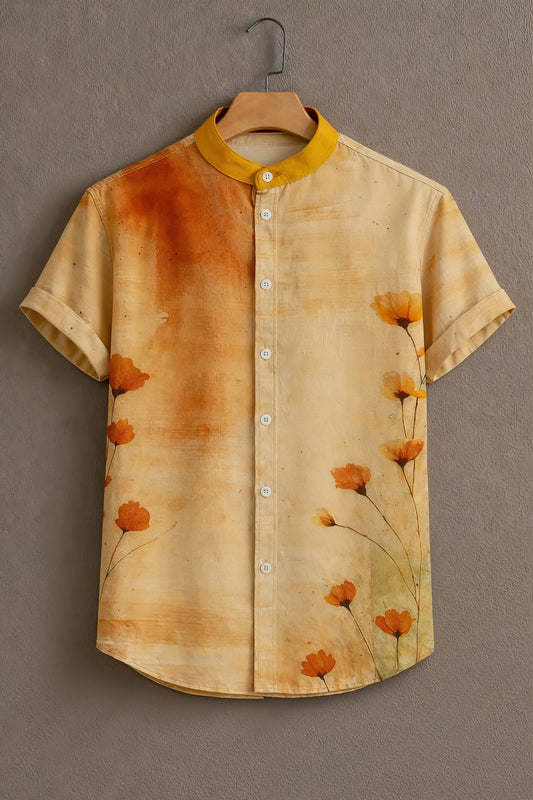 Beige Abstract Floral Mandarin Collar Shirt for Men | Stylish Half Sleeve Summer Shirt