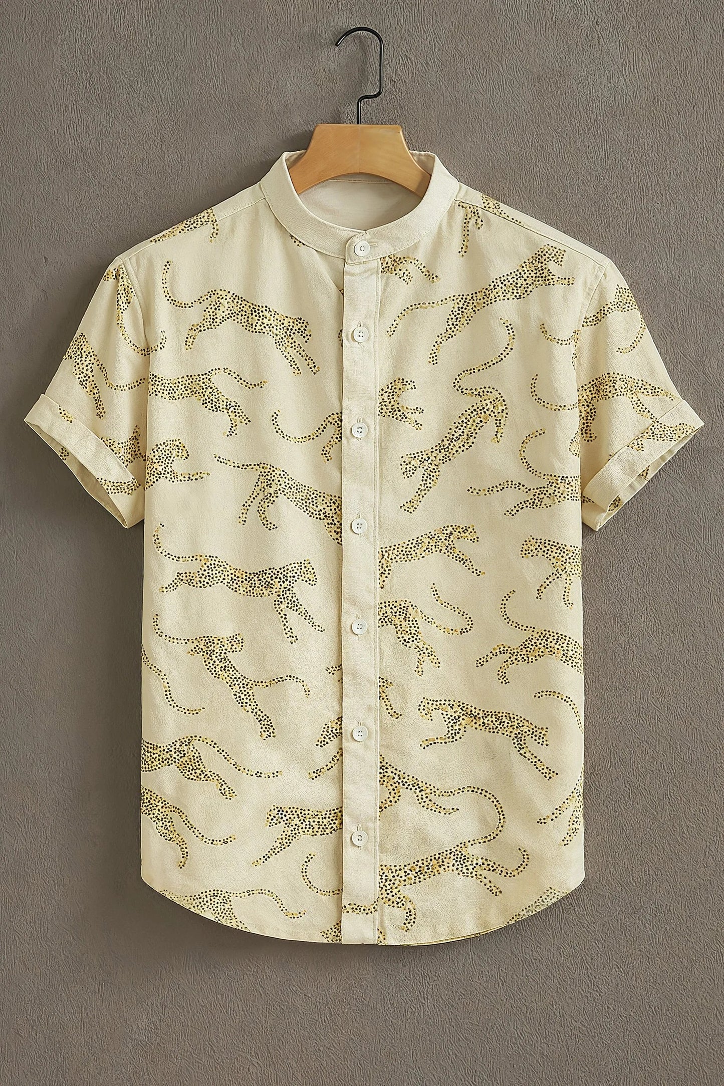 Beige Leopard Print Mandarin Collar Shirt for Men | Stylish Half Sleeve Casual Shirt