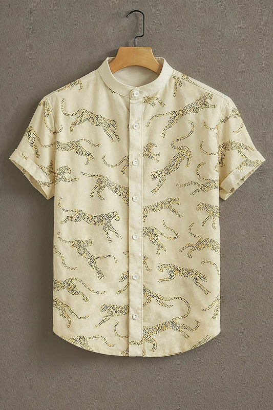 Beige Leopard Print Mandarin Collar Shirt for Men | Stylish Half Sleeve Casual Shirt