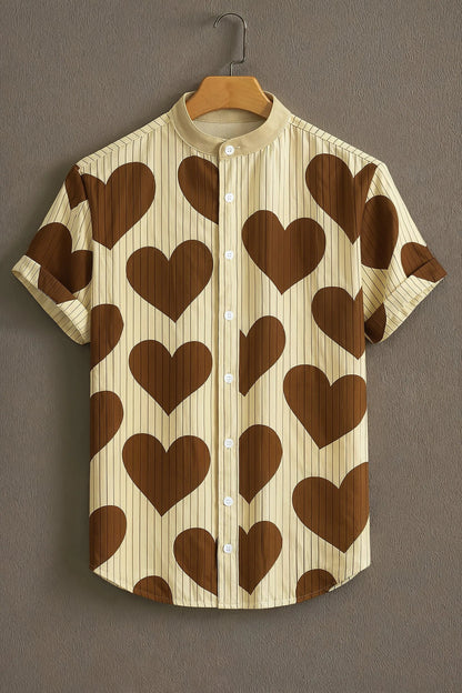Beige Heart Print Mandarin Collar Shirt for Men | Trendy Half Sleeve Casual Shirt