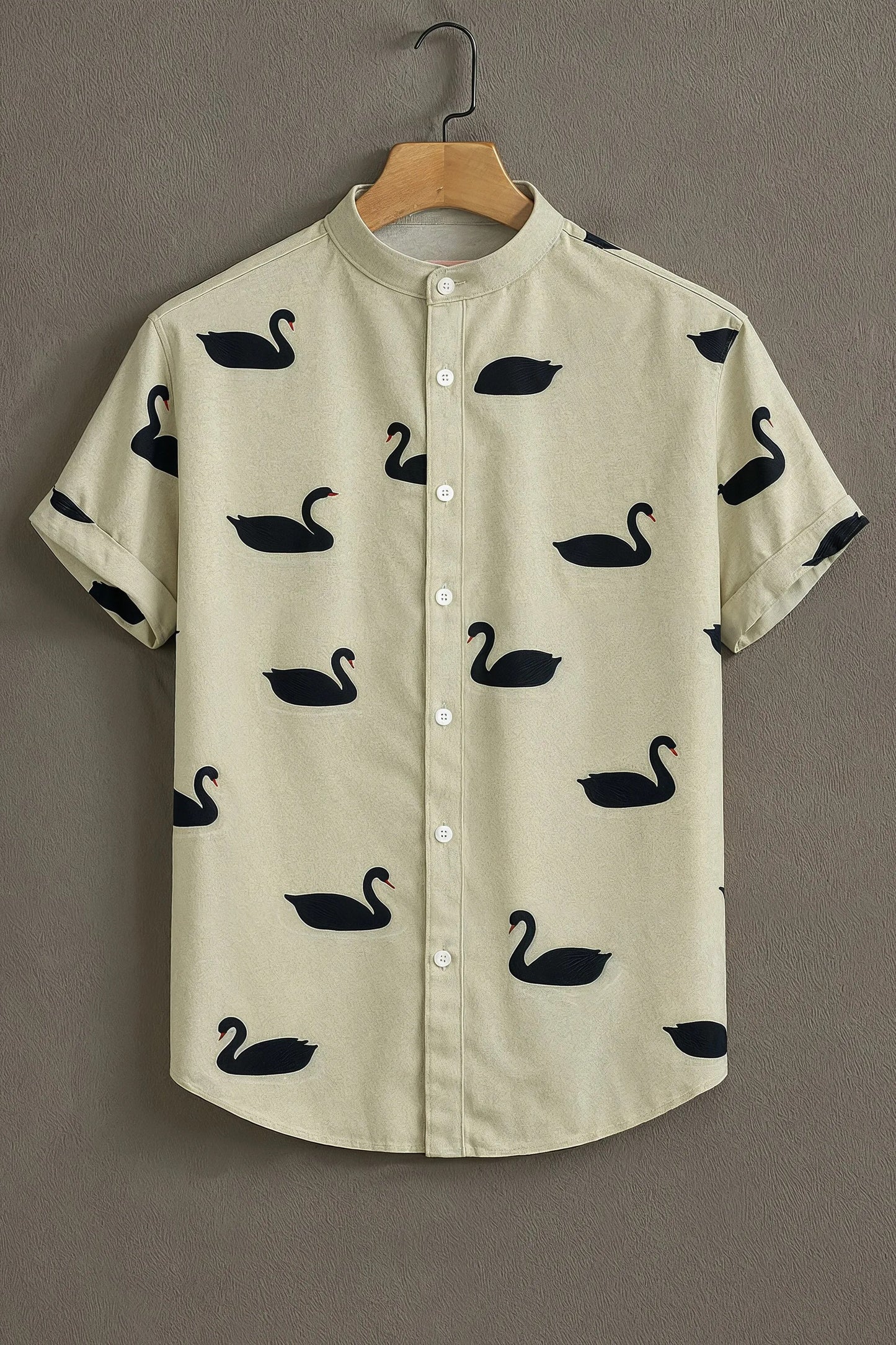 Beige Swan Print Mandarin Collar Shirt for Men | Minimal Half Sleeve Casual Shirt