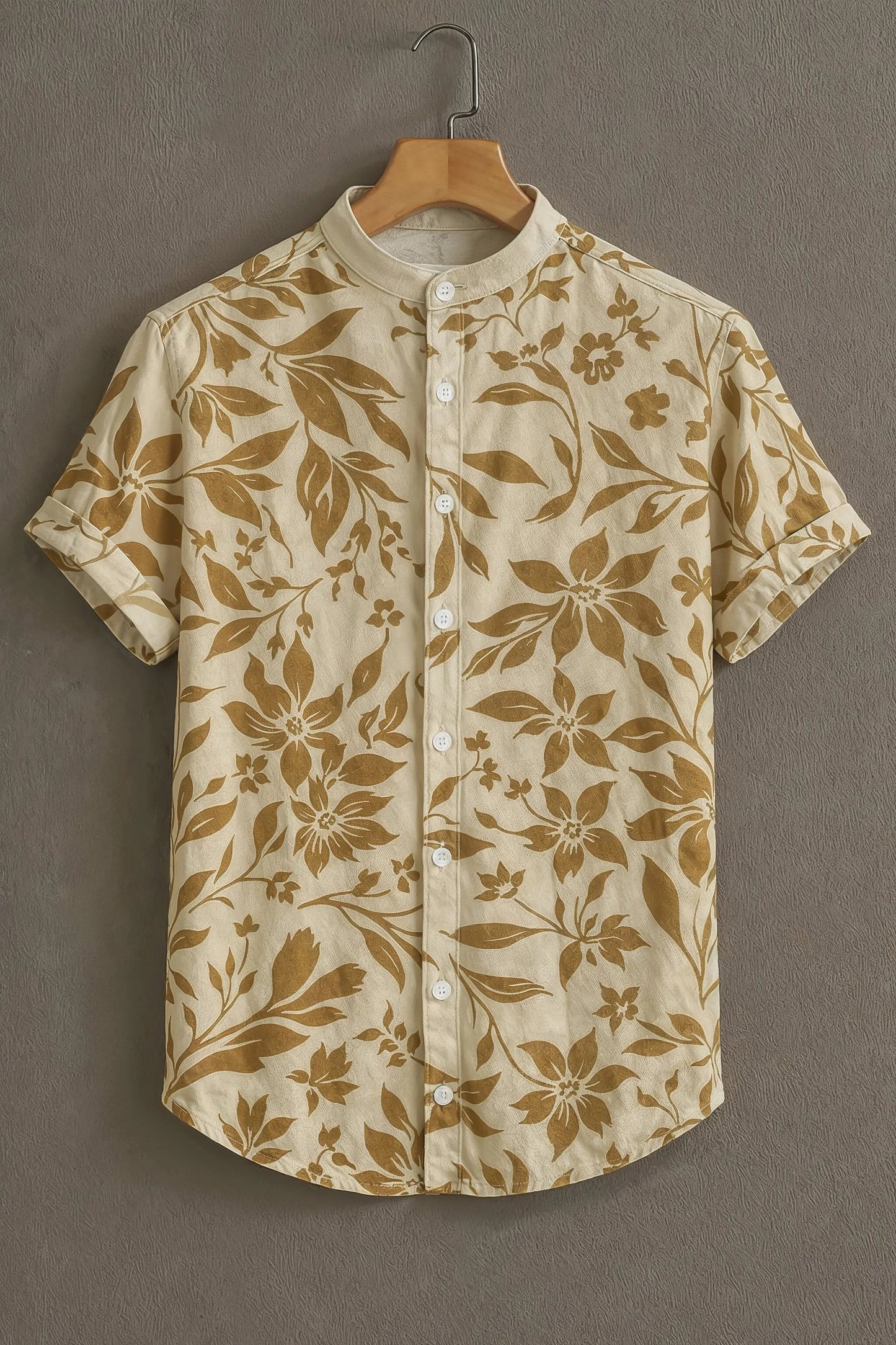 Beige Floral Print Mandarin Collar Shirt for Men | Summer Casual Half Sleeve Shirt