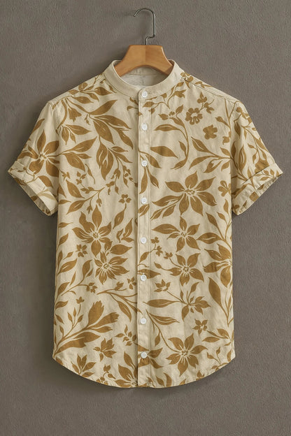 Beige Floral Print Mandarin Collar Shirt for Men | Summer Casual Half Sleeve Shirt