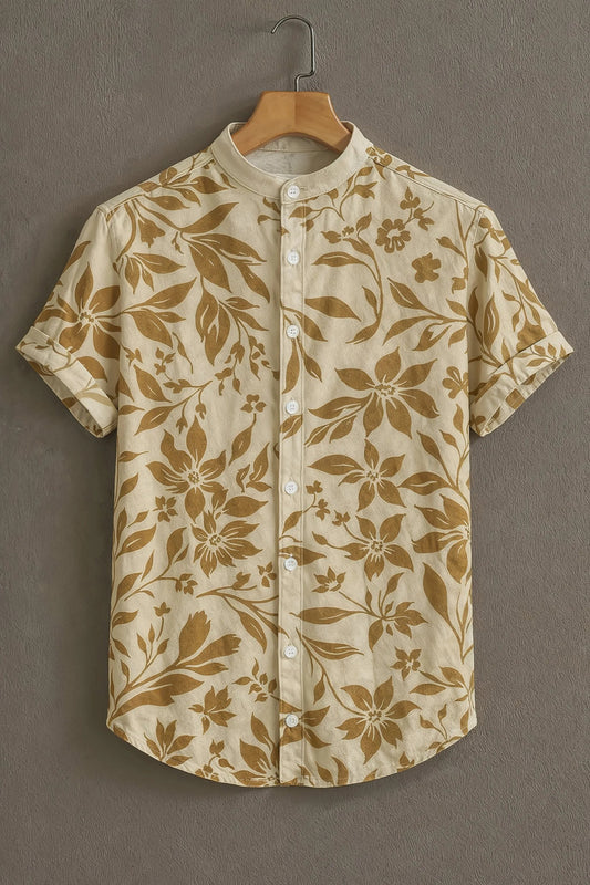 Beige Floral Print Mandarin Collar Shirt for Men | Summer Casual Half Sleeve Shirt