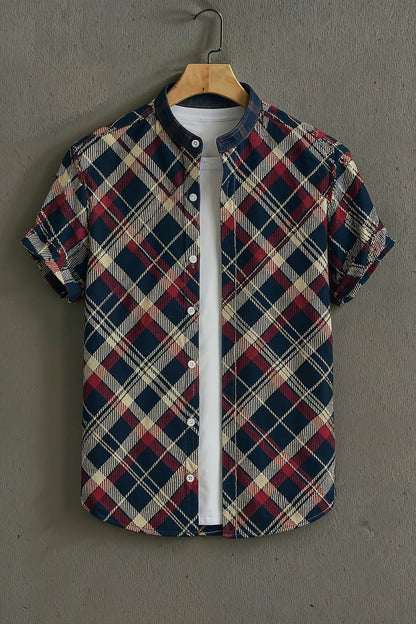 Navy Blue Checkered Mandarin Collar Shirt for Men | Stylish Half Sleeve Casual Shirt